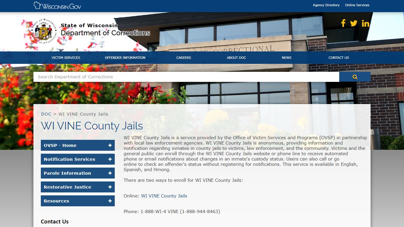 DOC WI VINE County Jails